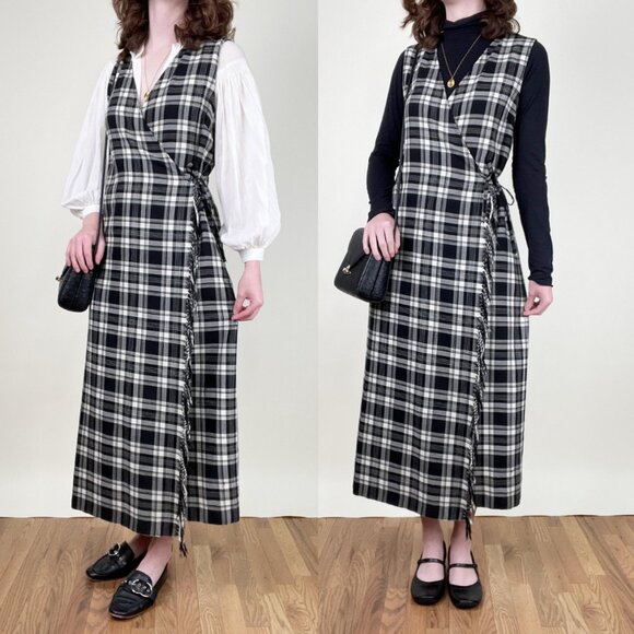 Vintage Plaid Wool Whimsigoth Fringe Midi Maxi Dress Western Fall Winter 80s 90s - Picture 1 of 11